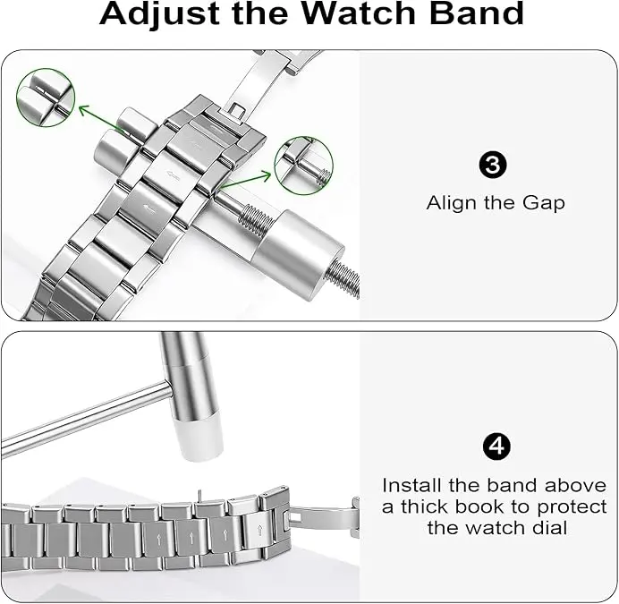 Solid Watch Link Removal Kit, Tools to Adjust and Remove Bracelets，Watch Strap Size Adjuster, Watch Band Adjustment Tool Kit with 6 Extra Pins and 1 Hammer