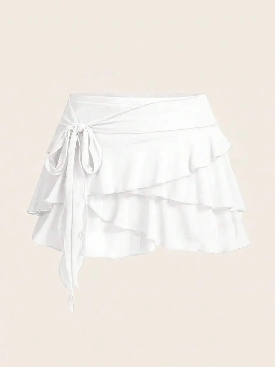 SHEIN ICON Women's Multi-Layer Ruffle Trim Low Rise Y2K Mini Black Skirt
