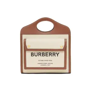 Burberry Pocket Bag with Detachable Adjustable Strap, Canvas and Leather Tote for Women in Beige