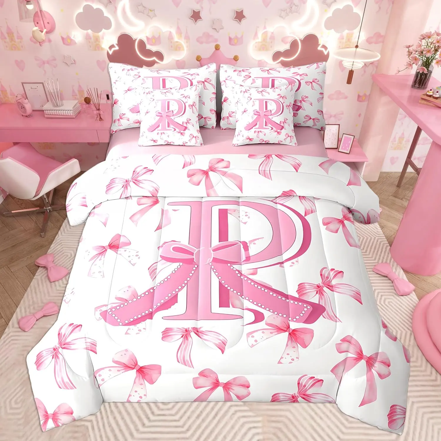 Kids Cute Pink Bow Comforter Set with Sheets Monogrammed 7 Piece Bedding Set Personalized Initial P Bed in a Bag with Comforter,Sheets,Pillowcases Coquette Bow Modern Fashion