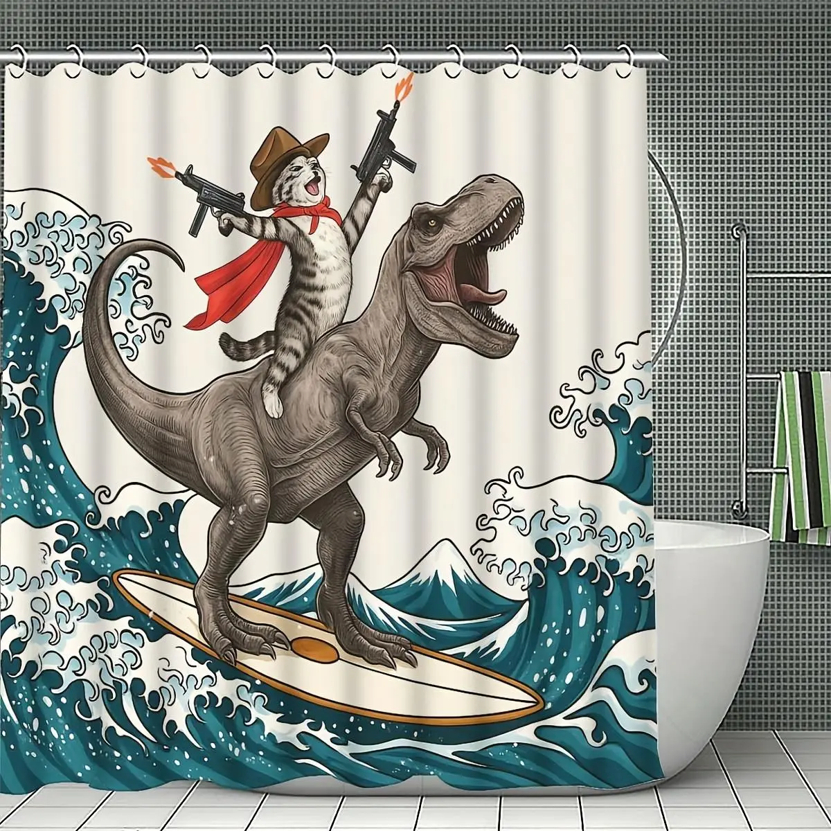 [SummerVibes] Cool Shower Curtain Set - 1/4pcs Polyester Waterproof Bathroom Set with Cute Funny Dinosaur & Cat Print, U-Rug, Toilet Cover, Mats, 12 Adjustable Hooks, Home Decor