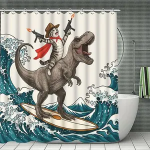 4pcs Funny Dinosaur and Cat Pattern Removable Shower Curtain, Waterproof Bathroom Curtain with 12 Hooks, Decor for Home, Hotel, Apartment, Dorm and Spa, Decoration