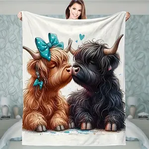 1 Piece Highland Cow Print Flannel Blanket - Soft, Warm, Suitable for Office, Camping, or Home Multi-Purpose Shawl, All-Season Cute Cow Pattern Gift