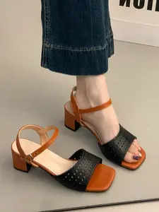 French Vintage Braided Hollow Out Sandals for Women, 2026 Summer New Square Toe Buckle Thick Heel High Heels, Fashionable Footwear