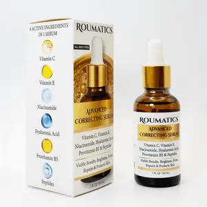 ROUMATICS Advanced Correcting Serum with Vitamin C E Niacinamide Hyaluronic Acid Provitamin B5 & Peptides. It corrects multiple signs of aging including fine lines wrinkles dark spots discoloration and loss of firmness