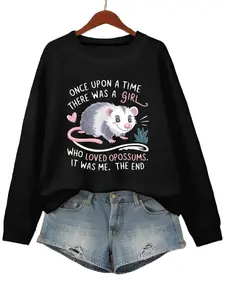 Women's Cartoon Print Long Sleeve Crew Neck Fitted Sports Shirt - Casual Autumn/Winter Hoodie for Everyday Wear with Opossum Graphic Design