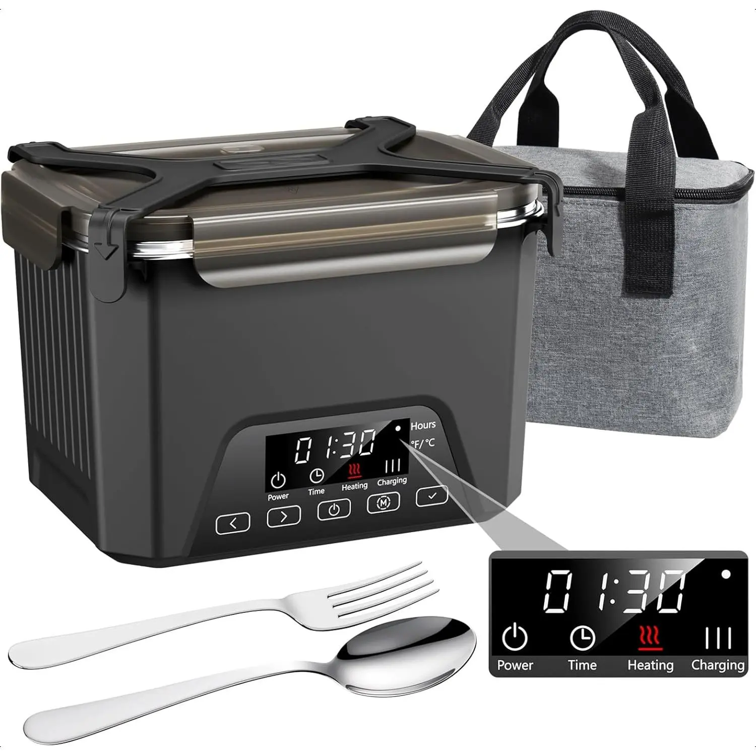 Waveports Cordless Electric Tableware Lunch Box - 1.2L BPA-Free Battery-Powered Self-Heating, Automatic Heating, Meal Prep-Friendly Portable Food Warmer for Work, Travel (Black)