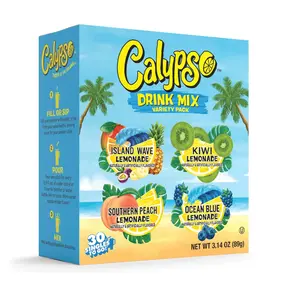 Calypso Singles To Go! Drink Mix Variety Pack – Lemonade On-the-Go Powdered Drink Mix Packets – Low Calorie Water Enhancer – Island Wave, Kiwi, Southern Peach, Ocean Blue Lemonade, 30 Count