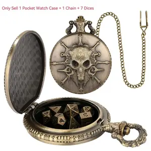 Vintage Warlock Pattern Empty Pocket Watch Case with Pendant Chain, Includes 7 Mini Size Dnd Metal Polyhedral Dice Set for Indoor Entertainment Board Game, Tabletop Role-Playing Game Accessories Gift