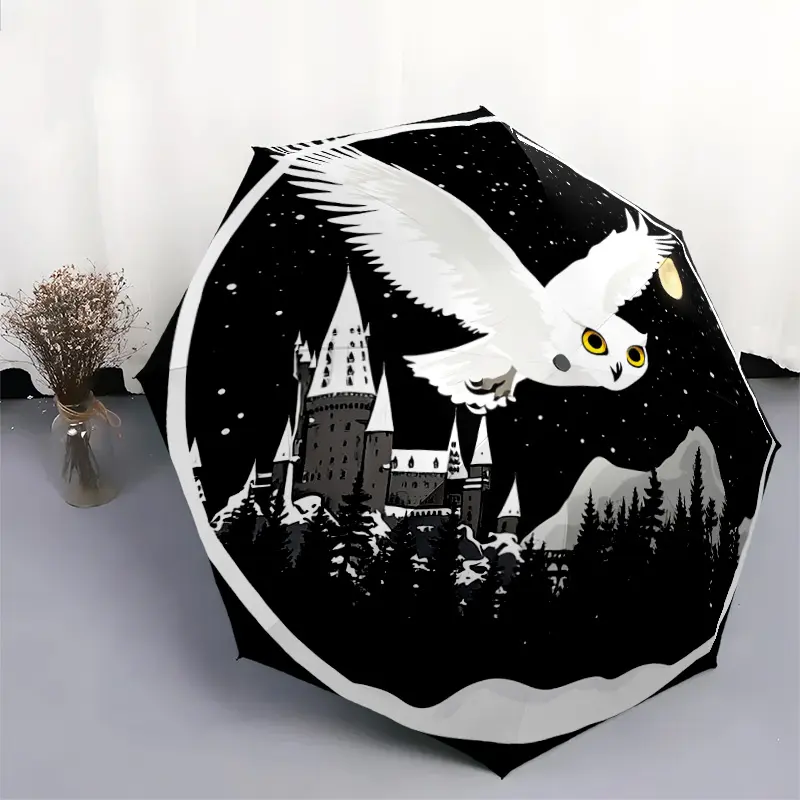 1 PC Automatic Folding Umbrella - Harry Potter Hogwarts Snowy Night Pattern, Portable & Foldable Design with 8 Ribs, Merry Christmas Pattern,Casual Outdoor Accessory Halloween and Christmas Birthday Gifts. F00171
