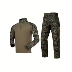 Men's Tactical Camo Gear Set - Durable Polyester Shirt & Pants with Camouflage Pattern, Long Sleeves, Zip-Up Collar, and Multiple Pockets for Outdoor Activities, Training, Running, and Military Events, Sports Outfit|Rugged Style|Smooth Text