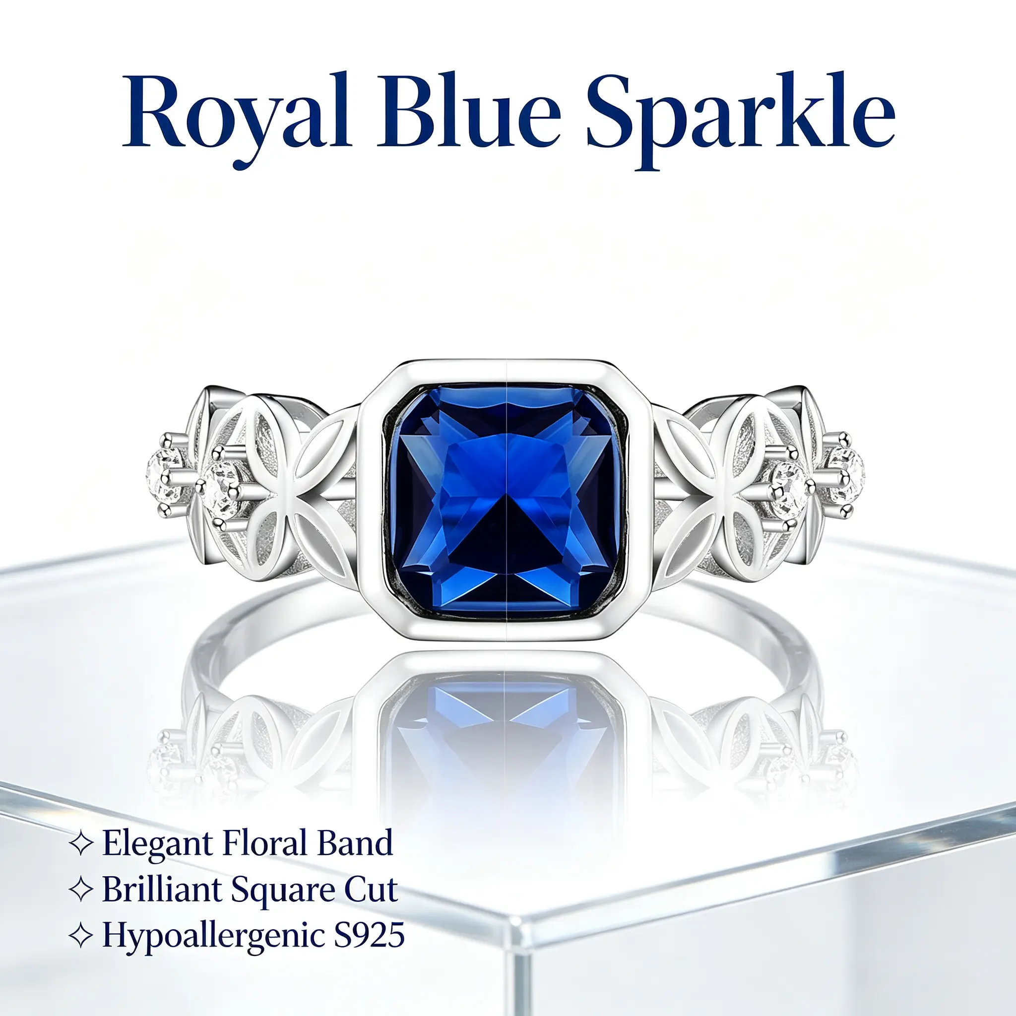 Women's Royal Blue Princess Cut Sapphire Ring, S925 Sterling Silver Vintage Floral Wedding Engagement Ring, Elegant Statement Jewelry queen ring