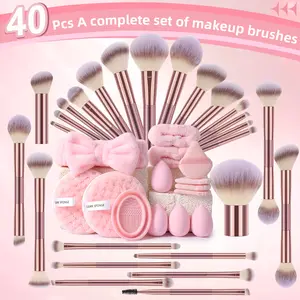 40pcs Face Makeup Tool Set, 26pcs Makeup Brushes & Hair Ties & 2pcs Wrist Straps & 4pcs Large Makeup Sponges & 4pcs Fan-Shaped Sponges & 2pcs Facial Cleansing Sponges & Brush Bowl