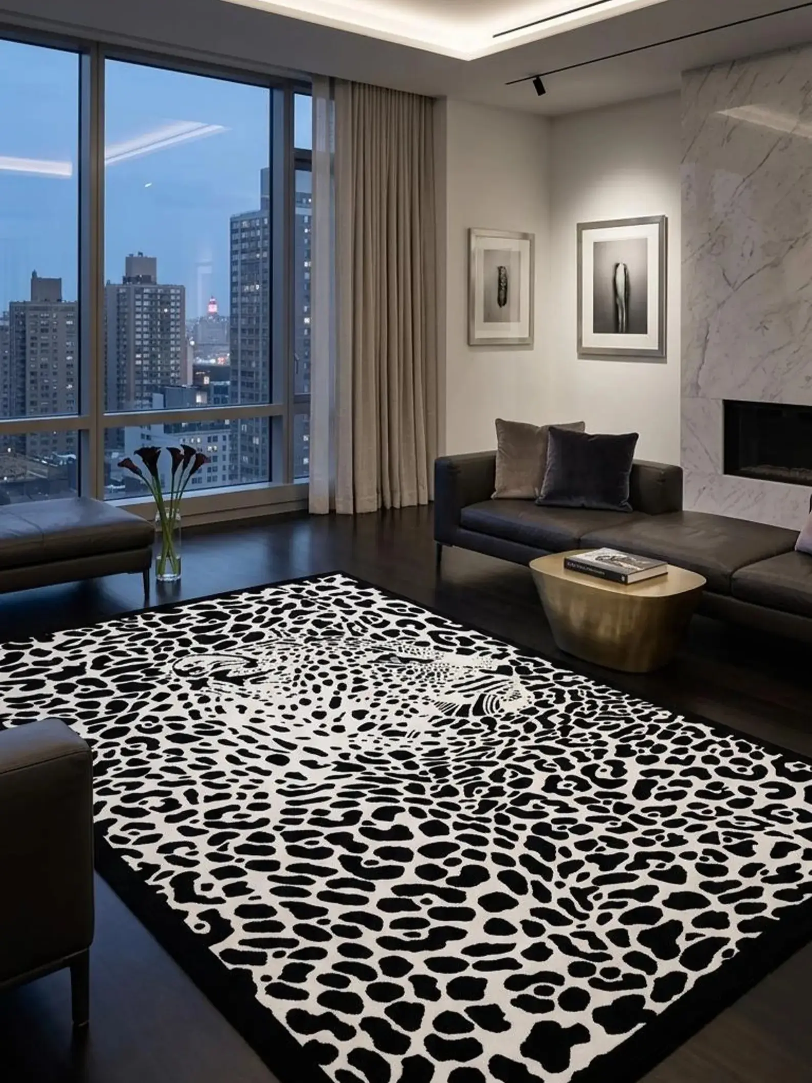 Hand Tufted Wool Leopard Area Rug - Black & Ivory, Modern Luxury Accent Rug for Living Room Bedroom