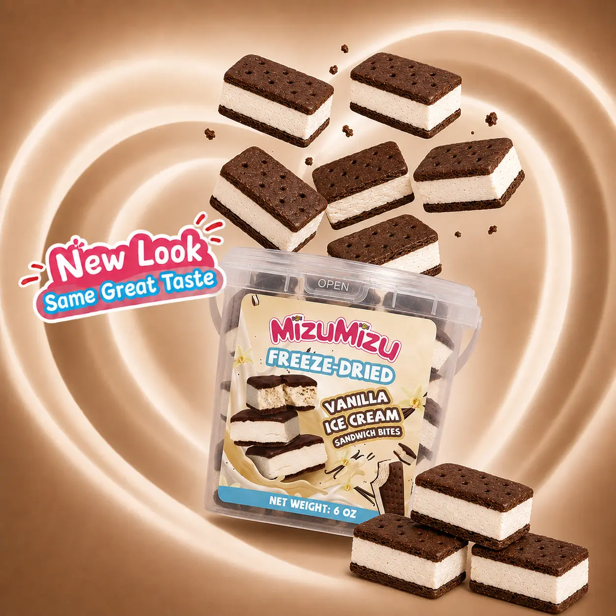MIZUMIZU Freeze-Dried Vanilla Ice Cream Sandwich Bites - Chocolate, Alkalized Cocoa, Palm Oil, Buttermilk, Whey-Infused Crunchy Creamy ASMR Snack, Regular Size, Shelf-Stable Ambient Room Temp On-The-Go Treat for All Ages (Food & Beverages, Snacks, Candy)