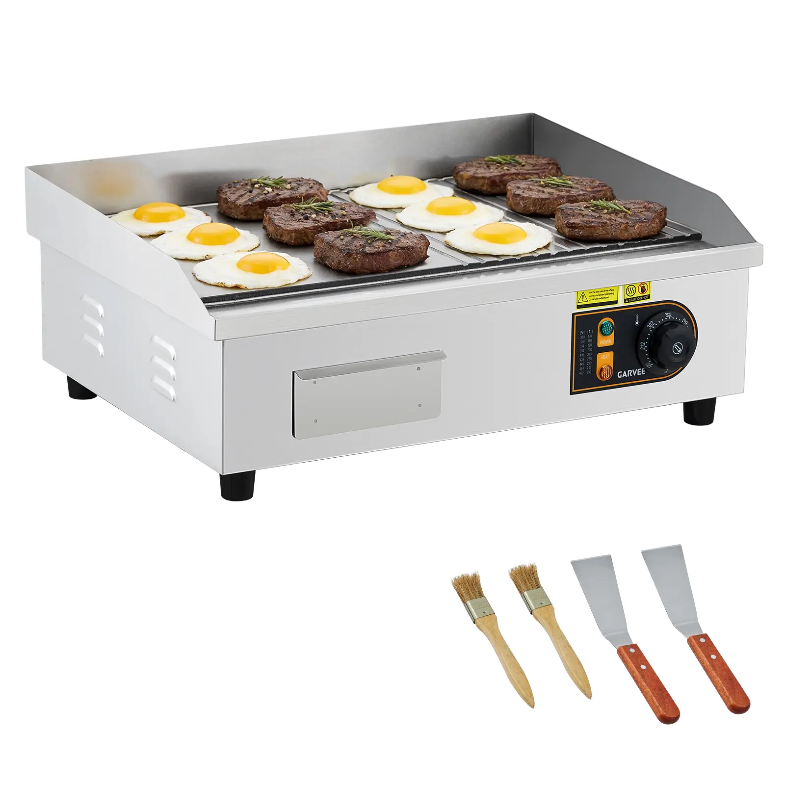 Garvee 22in Commercial Electric Half-Flat Top Griddle - Stainless Steel Non-Stick Countertop Grill - Oil Drip Tray, Includes 2 Shovels & 2 Brushes - 1700W for Breakfast Bars, Home or Restaurant Use