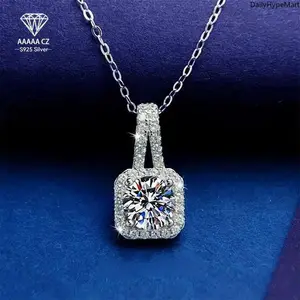 925 Sterling Silver Plated Zircon Square Pendant Necklace for Birthday & Party