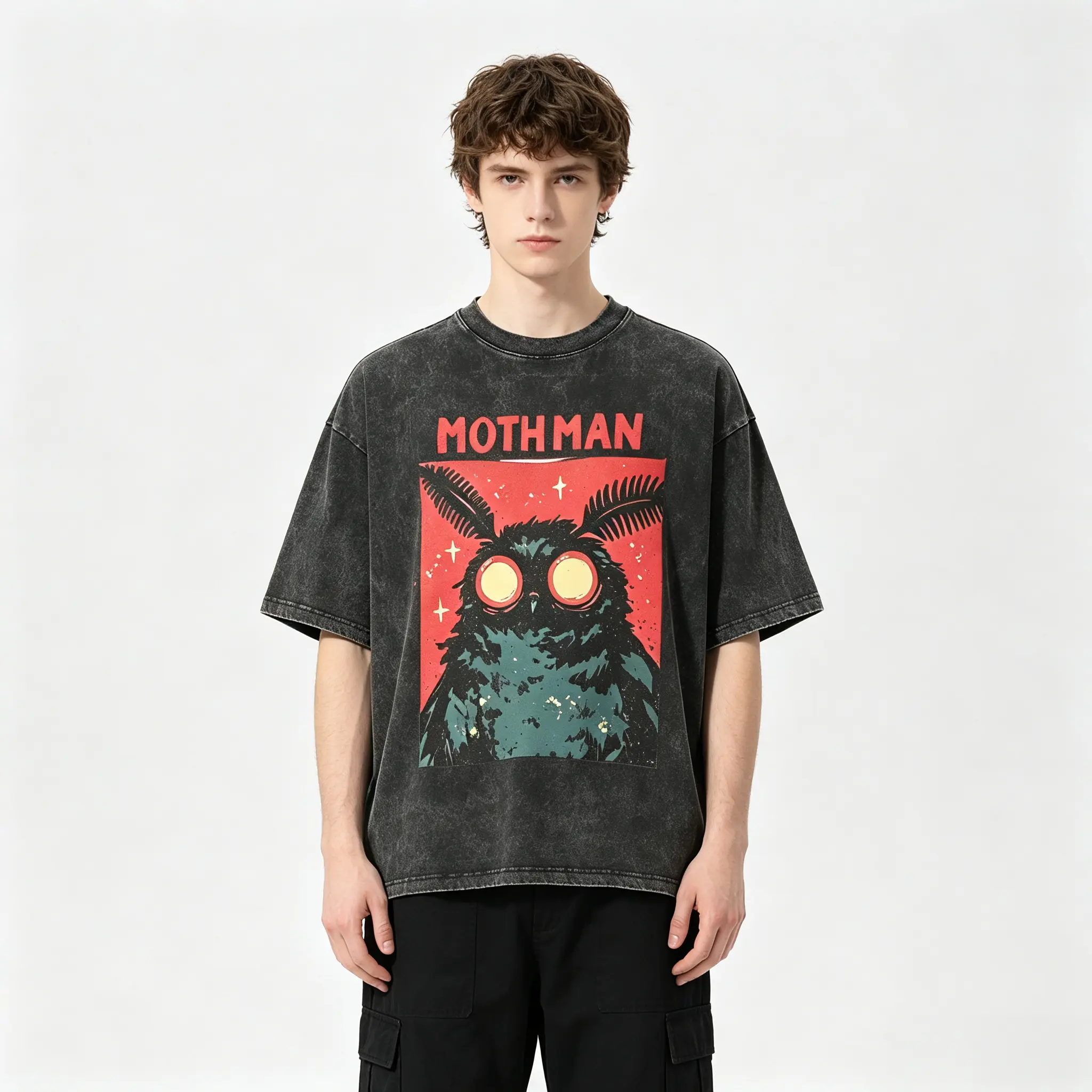 Unisex Vintage Washed Cotton Crew Neck Tee Retro Cryptid Creature Graphic Loose Oversized Short Sleeve Mens Casual Streetwear Top