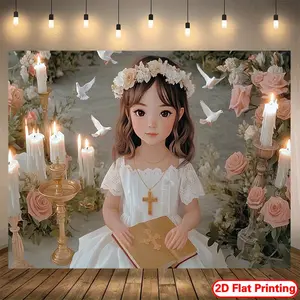 2D Flat - 1pc First Communion Girl Party Banner | Floral Cross Doves Design Polyester Religious Backdrop for Photo Props, Wall Decor, Home Room Decor, All-Season Spring Summer Fall Pastel Colors, Communion Decor,summervibes