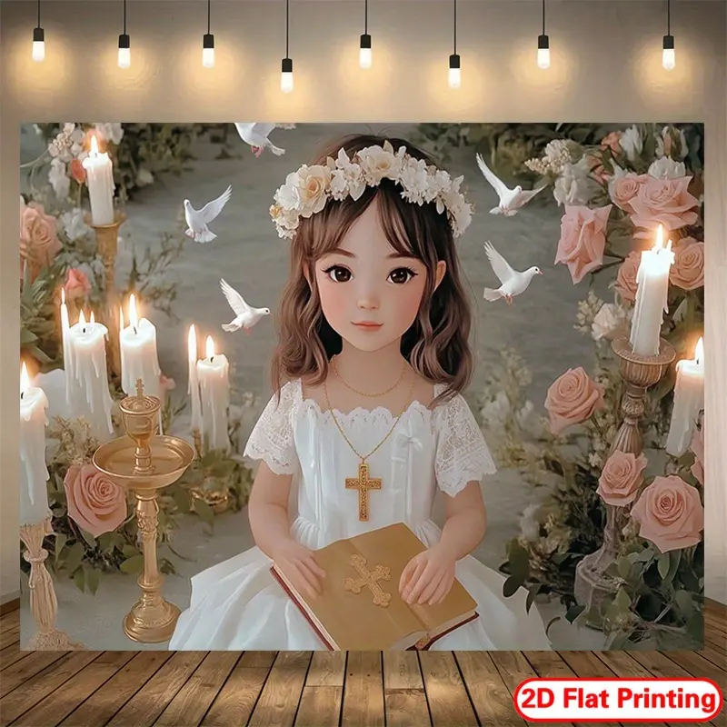 2D Flat - 1pc First Communion Girl Party Banner | Floral Cross Doves Design Polyester Religious Backdrop for Photo Props, Wall Decor, Home Room Decor, All-Season Spring Summer Fall Pastel Colors, Communion Decor