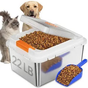 Dog Cat Food Storage 22LB Seal Box with Scoop One-Touch Lid, Airtight Metal Stainless Steel Leak Proof Container,Moisture Proof Dry Storage Organizer for Pet Big Multiple  and Large Puppy Birds Essentials Accessories,Keep Fresh Summervibes easy feeding