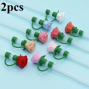 2pcs Silicone rose straw dustproof creative cap dustproof straw cover silicone three-dimensional rose straw cap