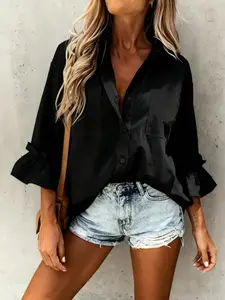 Spring Summer New Solid Color Shirt, Casual Long Sleeve Button-Up Blouse, Smooth 7/8 Sleeve, Vacation Wear, Work Formal, Daily, Party Fashion Top