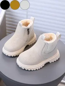New Winter Ankle Round Toe Boots for Kids, Unisex Fleece-Lined Side Zipper Non-Slip Sole Winter Booties, Comfortable Casual Outdoor Shoes