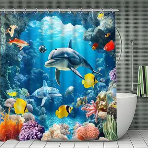 1PC Tropical Ocean Life Bath Curtain, Bright Blue and Multicolor with Dolphin Design, Bathroom Decor, Suitable for Holiday Home Accessories, Christmas Decoration.