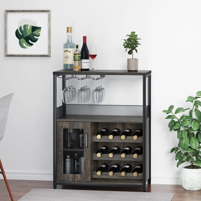 【Christmas Gift】Dark Grey Wine Bar Cabinet with Detachable Wine Rack, Bar Rack Cabinet with Glass Holder and 1 Drawer, Mesh Door, Small Sideboard and Buffet Cabinet for Liquor and Glasses