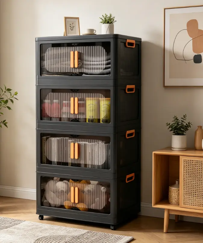 4-Tier Folding Plastic Storage Cabinet with Magnetic Door, Compact Design, Collapsible Organizer, Universal Wheels for Home Indoor Furniture Use