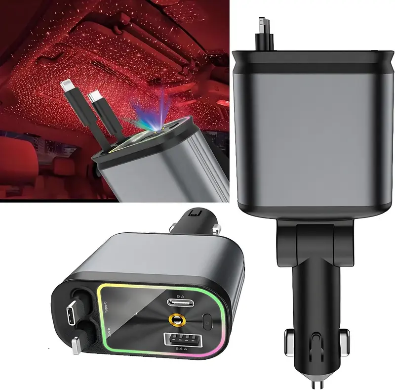 4 in 1 (2.6 ft) Adjustable Retractable Car Charger - Roof Starlight, Car Adapter with Retractable Cable and USB Type C