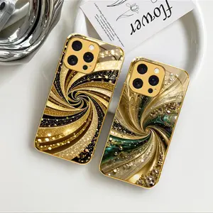 Meiya Luxury Gold-Plated Edge Protective Phone Cover, Liquid Swirl Glitter Glass Decorative Phone Protector for iPhone 16 Pro - 975
