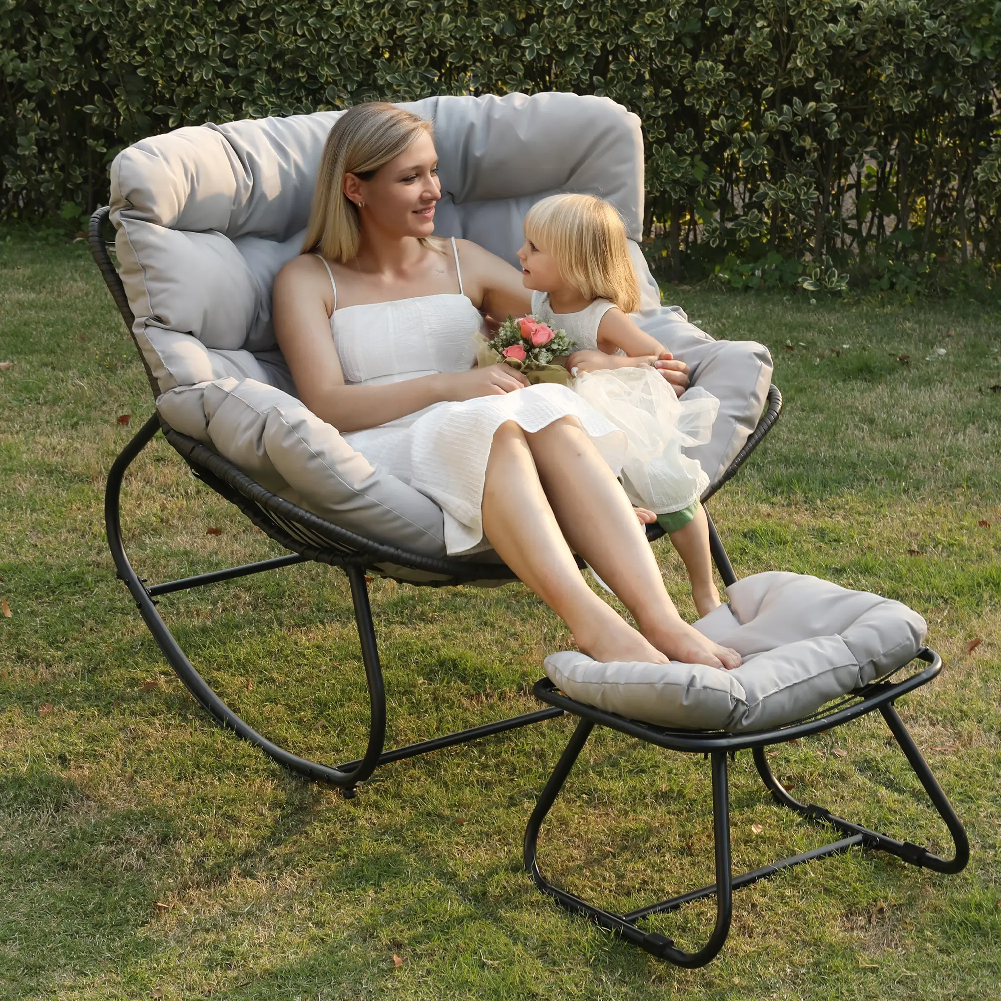 RoyalCraft Patio Rocking Chair with Ottoman and Cushions, Patio Wicker Egg Chair for Outdoor & Indoor, Oversized Papasan Chair, Outdoor Lounge Recline