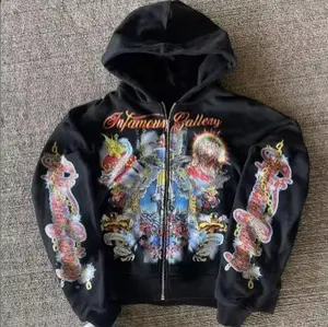 Letter-printed American-style Fleece Hipster Streetwear Loose-fitting Zip-up Hoodie