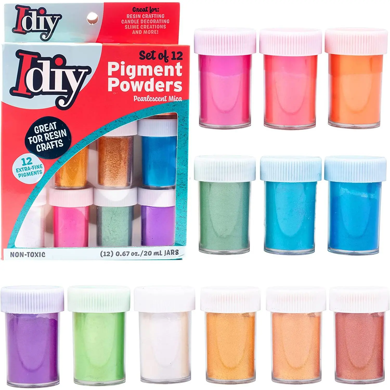 iDIY Pearl  Extra Fine Sparkly Mica Color Pigment Powder (12 6g Bottles) - Great for Epoxy Resin, Candle Making, Slime, School Projects, Arts & Crafts