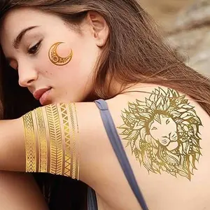 9 Sheets 110+ Designs Flash Gold Temporary Tattoos Metallic For Women Adult, Girl Golden Lion Festival Sun Moon Star Butterfly Glitter Tattoo Sticker, Fake Tattoos That Look Real and Last Long