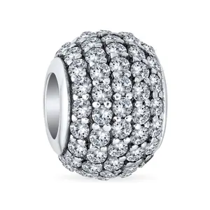 Sterling Silver Sparkling Dome Clear White Crystal Spacer Stopper Barrel Bead Charm for Bracelet