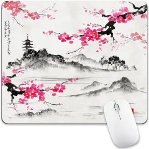 Cherry Blossom  Pad Sakura  Gray Mousepad Desk Grey Pink White Flower Floral Tree   Watercolor Aesthetic Landscape Scenery Computer Gaming Square Art Mat Accessories Travel