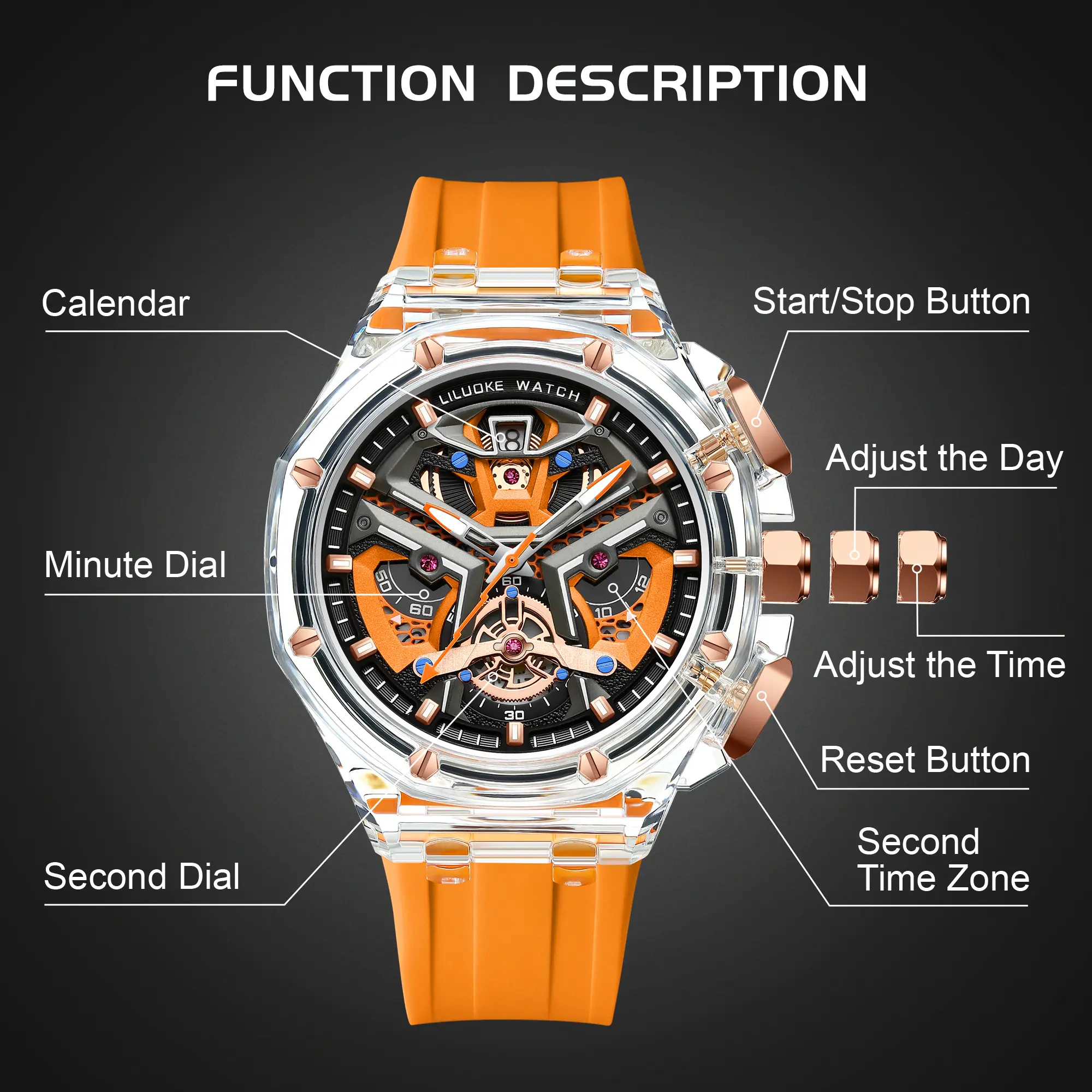 Men's Skeleton Chronograph Watch, 42mm Casual Waterproof Quartz Wristwatch with Luminous Hands and Date, Men's Watches, Watches
