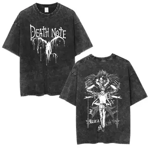 Death Note Light Yagami & Ryuk Vintage Washed Graphic T-Shirt, Front & Back Gothic Anime Print Oversized Unisex Cotton Streetwear Top, Distressed Crew Neck Tee for Manga Fans, Daily Wear & Goth Aesthetic Outings