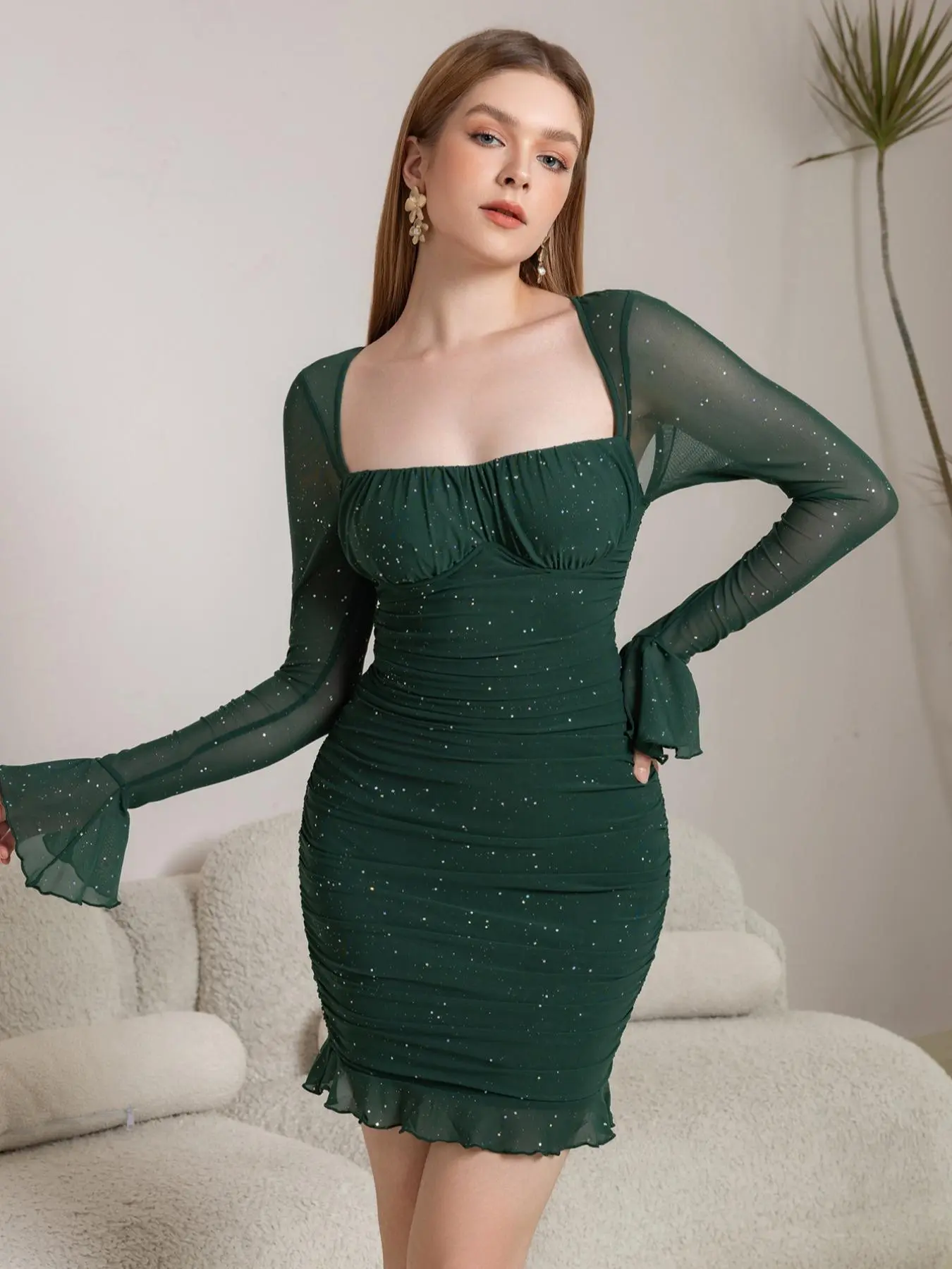 Women's Glitter Contrast Mesh Long Sleeve Ruched Mini Bodycon Dress, Lady Comfort Casual Elegant Fashion Chic Women's Glitter Contrast Mesh Long Sleeve Ruched Mini Bodycon Dress, Lady Comfort Casual Elegant Fashion Chic