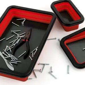 3-Piece Magnetic Silicone Storage Box Set with Foldable Tray for Screws & Small Parts Automotive Repair Parts Red