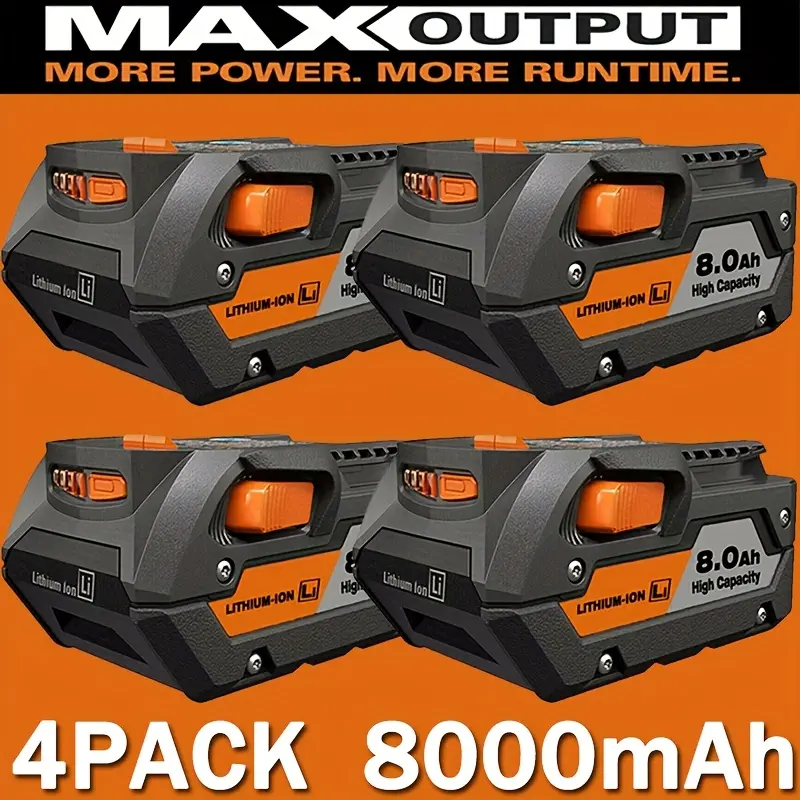 4-Pack 18V 8.0Ah High-Capacity Cordless Tool Batteries, More Power Lithium Ion Replacements for Ridgid R840087, R840083, R840086, R840085, R840084, AC840085, AC840086, AC840087P, AC840089 Power Tool Accessories