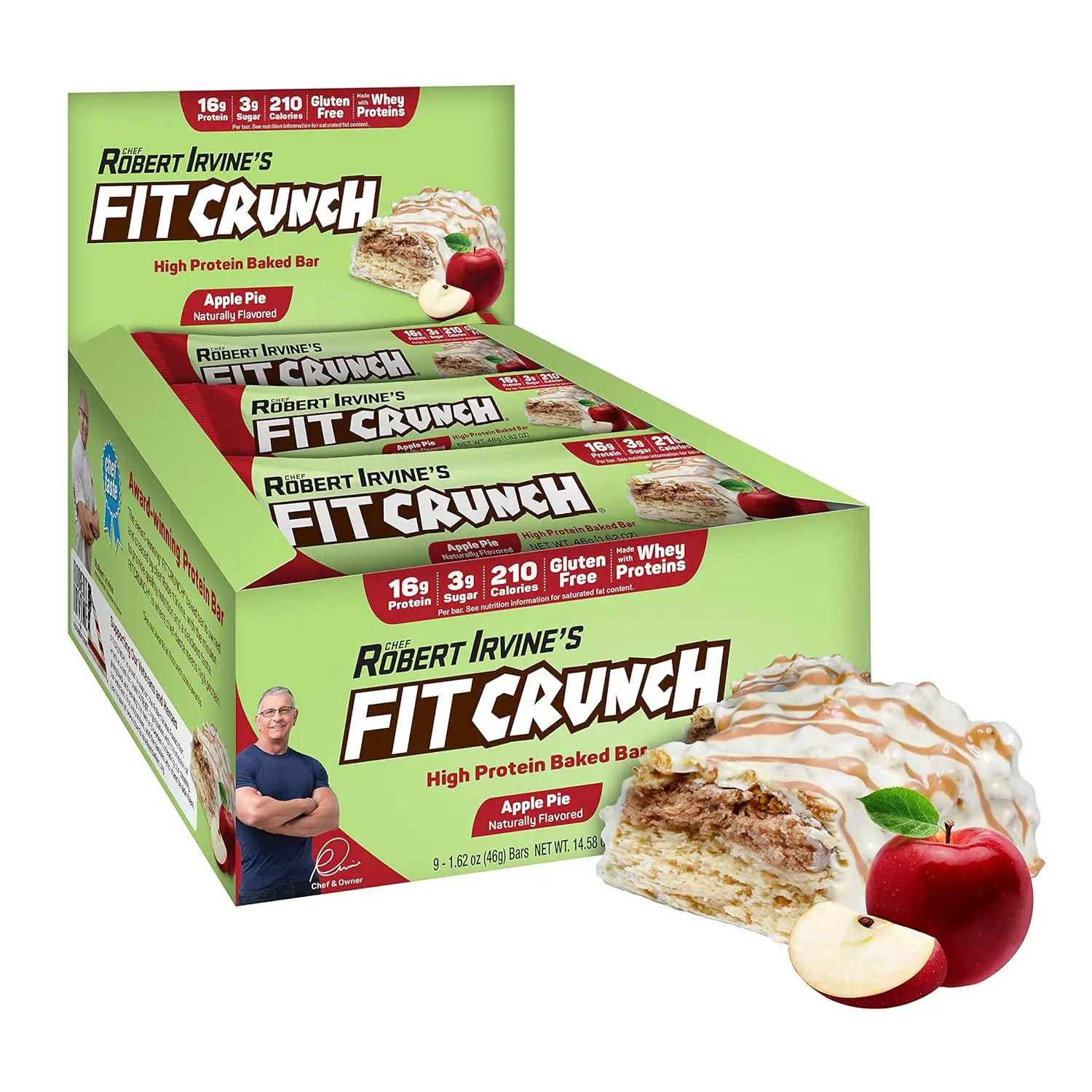 FITCRUNCH Snack Size Protein Bars, Designed by Robert Irvine, 6-Layer Baked Bar, Gluten Free & Soft Cake Core (9 Count, Apple Pie)