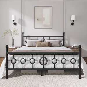 Garvee King Size Metal Bed Frame with Vintage Circular Headboard and Footboard, Heavy-Duty Iron Platform Bed, No Box Spring Needed, Noise-Free Design, Easy Assembly, Black