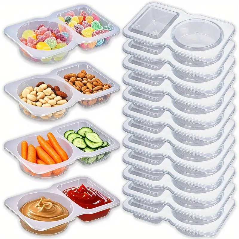 20pcs Plastic Double-Compartment Kitchen Food Storage Containers - Easy Flip Lid, Resealable, Reusable Condiment/Snack Organizers for On-the-Go Divided Storage Solutions, Condiment Containers
