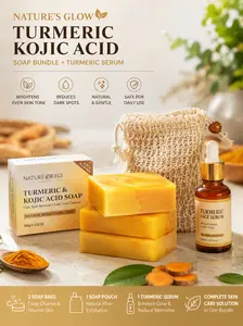 Nature Oregi bundle Turmeric Kojic Acid Soap turmeric serum and exfolianting soap bag Dark Spot Remover Brightening Even Tone Cleanser Pack of 5, 3 Soaps 1 serum,1 Soap Bag Natural Ingredients Effective Skin Care