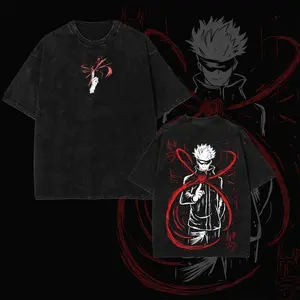 PODTIFY Jujutsu Kaisen - Gojo Satoru Cursed Technique Lapse Red Retro Vintage Unisex Oversize Anime Manga Acid Washed Lightweight Cotton T-shirt, Anime Merch, Gift For Anime Fan, Anime Lover
