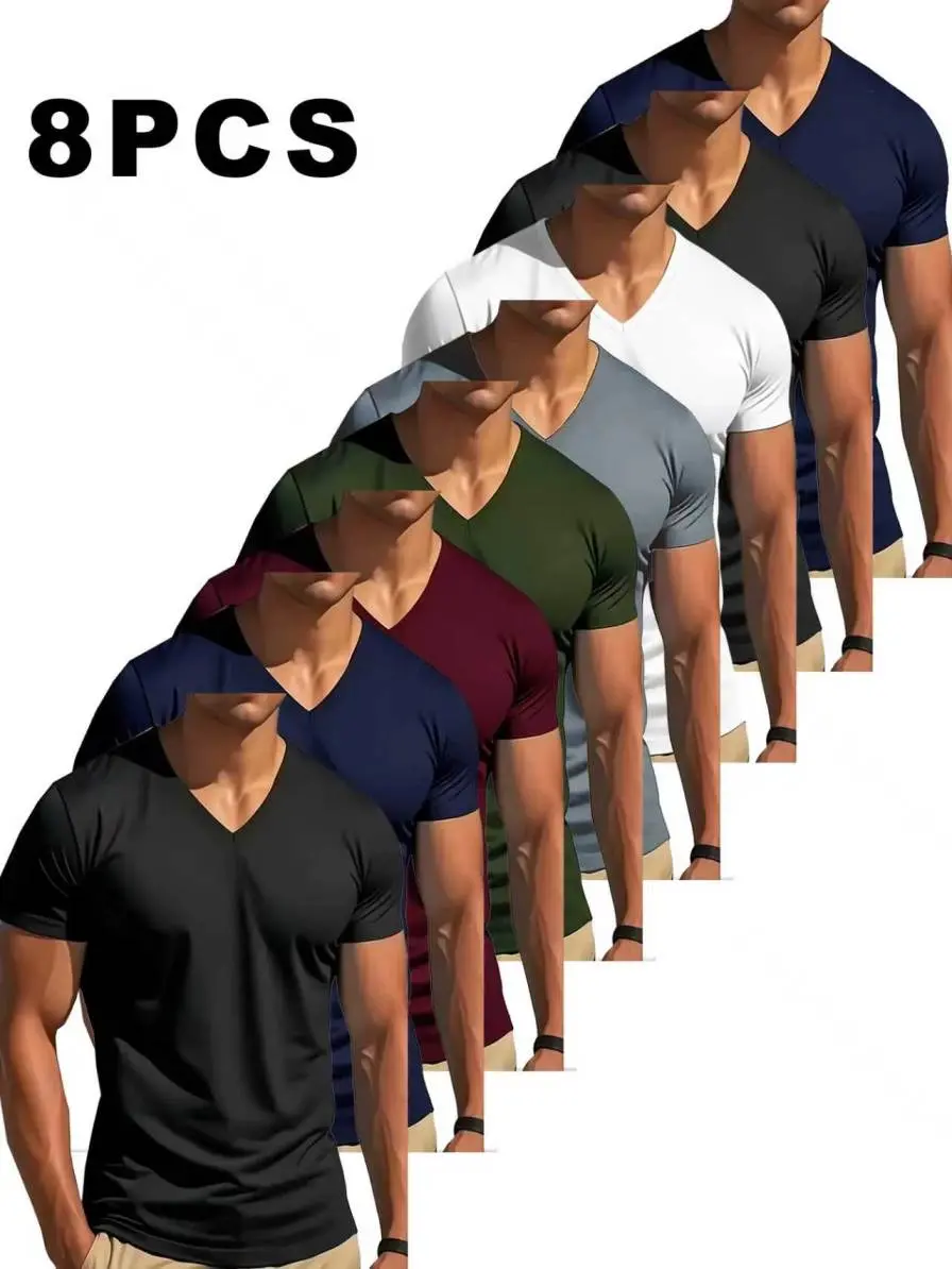 MTTYYD 8-Pack Men Multi-Color Solid V Neck Short Sleeve T-Shirts Lightweight Breathable Polyester Slim Fit Crew Neck Alternate Workout Tops Machine Washable For Running Fitness Summer Daily Casual Outfit Bundle